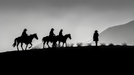 Cowboy with horse in the desert. Black and white photography. Generative AI