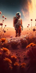 Abwaschbare Fototapete Bordeaux Astronaut standing in flower garden of mars, Generative AI illustrations