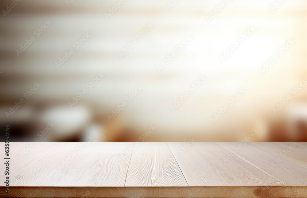 Poster empty wooden table foregrounds a softly blurred cafe backdrop. the table is ready for display or pro