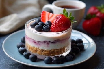 Layers of strawberry cheesecake and blueberries on a white plate with tea cups - obrazy, fototapety, plakaty