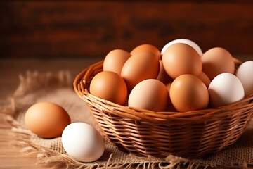Fresh Chicken eggs in basket on wooden background