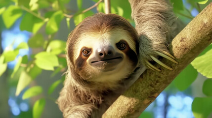 Fototapeta premium A cute sloth hanging on tree branch.