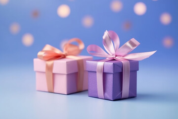 Obraz premium Gift boxes with beautiful ribbon on blue background