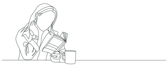 One line woman reading a book. Line Art Girl read book