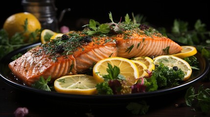  a plate of salmon with lemons, parsley, and lemon wedges.  generative ai