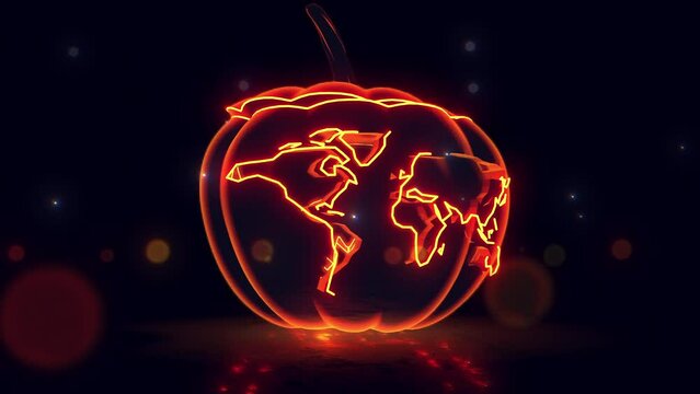 Glowing Halloween Pumpkin turning to a Globe Map 