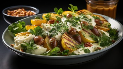  a plate of food that includes potatoes, cheese and nuts.  generative ai