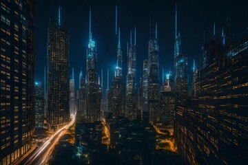 A bustling cityscape of illuminated skyscrapers against a star-filled night sky - AI Generative
