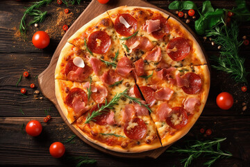Pizza with bacon and herbs on wooden background