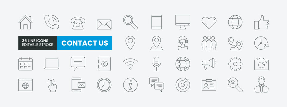Set of 36 Contact line icons set. Contact Us outline icons with editable stroke collection. Includes Chat, support, message, phone, location, assistance and More.