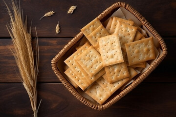 Top view of crispy crackers and dried rice on wooden background