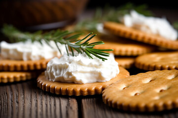 Crackers with cream cheese ,mint leaf in the wooden background - obrazy, fototapety, plakaty
