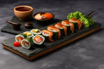 Set of sushi maki rolls and green tea on stone table
