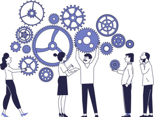 Business characters put gears in the mechanism. Teamwork concept.