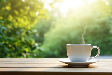 White hot coffee cup with wooden table in the garden background - obrazy, fototapety, plakaty