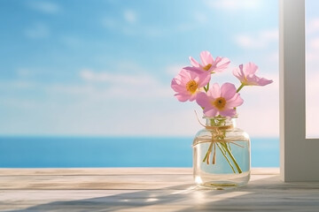 Fototapeta na wymiar Pink flowers in jar with blue sky on window