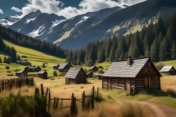 Obraz premium A cozy detached poor old little house enclosed by a wicker fence in a small clearing - AI Generative