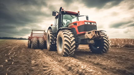 Modern tractor working on the farm, a modern agricultural transport, cultivation land.
