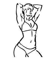 Outline of a woman in underwear with her hands behind her head. Silhouette of a woman