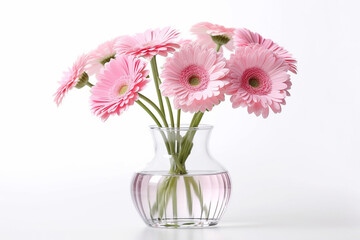Blooming pink gerbera in glass vase isolated on white background