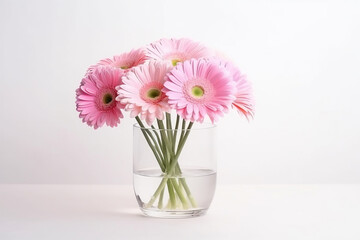 Blooming pink gerbera in glass vase isolated on white background