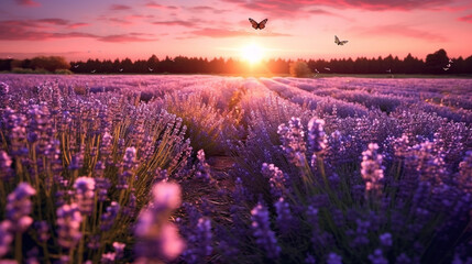 Fantasy landscape of blooming lavender flowers,butterfly glow - obrazy, fototapety, plakaty