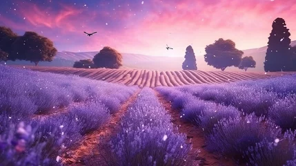 Fotobehang Fantasy landscape of blooming lavender flowers,butterfly glow © Inlovehem