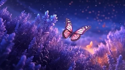 Muurstickers Fantasy landscape of blooming lavender flowers,butterfly glow © Inlovehem