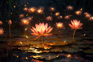 Lotus flowers and candles in a pont for home. Concept beautiful decor.