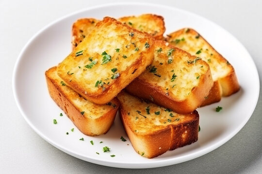 Garlic bread in white plate on white background