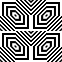 Black diamonds and lines on white background. Repeating hexagons and stripes abstract wallpaper. Seamless symmetric geometric surface pattern design. Digital paper for web design. Vector illustration