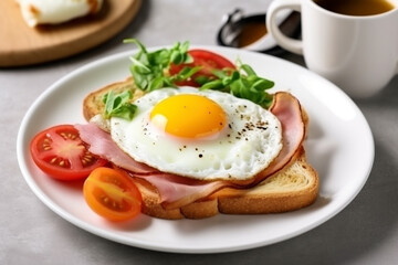 Fototapeta na wymiar Toast and ham, tomatoes, vegetables, with fried egg and hot coffee on white wooden background