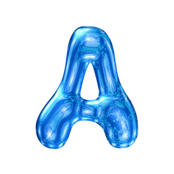 A,font alphabet with y2k liquid sea blue chrome effect