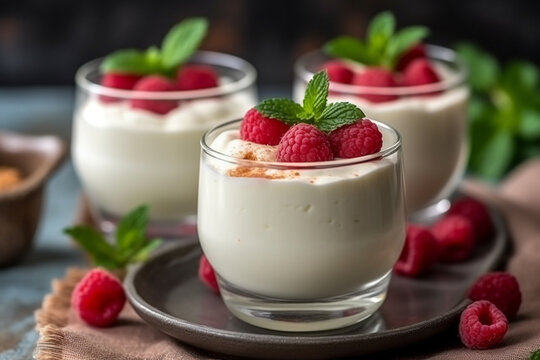 Panna cotta in glass with fresh raspberries and mint leaves