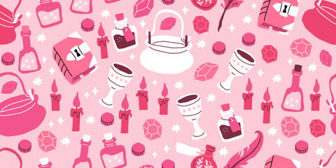 Pink Halloween pattern with stars, magic witch hat, cauldron, potion bottles, candles, treasures, book of spells. Vector illustration - 635954310