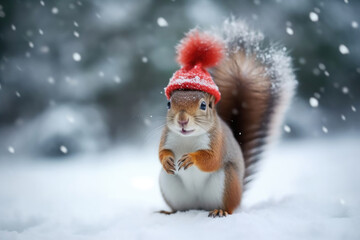 Cute squirrel in a red santa hat on a background of snow. Generative AI - Powered by Adobe