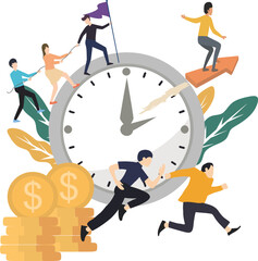 Creative Vector Illustration about 3 people climbing the big clock, people flying with charts, piles of dollar coins, two people chasing towards the target. Time is Money Concept.Modern Design Vector 