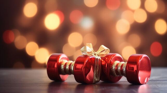 Red dumbbells with a ribbon on a blur Christmas background. - Powered by Adobe