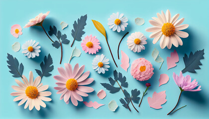 Flat lay creative illustration concept of fresh field Spring flowers on pastel blue background. Beautiful pink bloomed flowers, abstract background, Ai generated image  