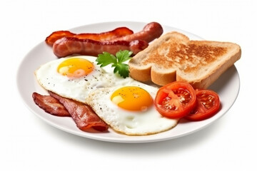 Fototapeta na wymiar Fried eggs with bacon and sausage isolate on white background.