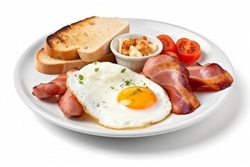 Fototapeta na wymiar Fried eggs with bacon and sausage isolate on white background.