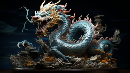 Fototapeta premium Mad traditional Asian dragon closeup, art. Angry reptile with a growl giving a death stare. Scaled muthtical Chinese dragon causes chaos and devastation. Fictional scary character with a grin.