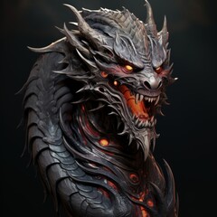 Angry dragon statue closeup. Angry reptile figurine with a growl, and glowing eyes. Scaled monster dragon concept art. A fictional scary character. 3d render. Ai generated