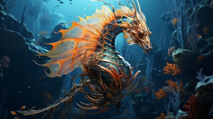 Naklejka na ściany i meble Beautiful illustration of a sea dragon closeup. Concept art of a vibrant fictional underwater animal. A fictional scary character swimming in the ocean. Unknown underwater creature. 3d render..