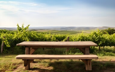 empty rustic wooden table with vineyard background.