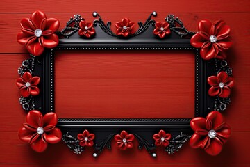 Picture frame on wooden background with blank space for adding image, logo or design surrounded by red flowers. Ai Generative