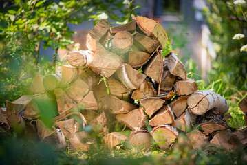 Firewood birch logs pile background.