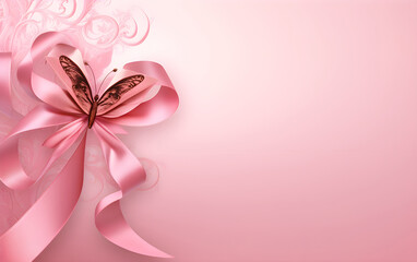 A pink ribbon with copy space symbolizing breast cancer awareness and hope with pink color background. banner background.
