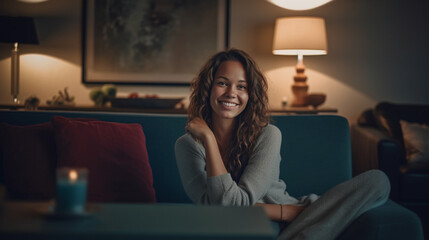Contentment at Home: Woman Enjoying Serene Moments on the Sofa created with Generative AI Technology