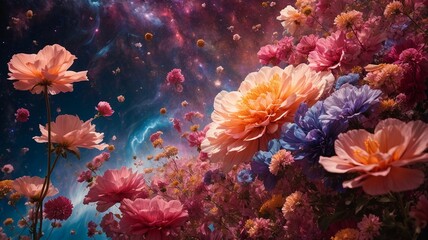 Fototapeta na wymiar Flowers amidst the space nebula